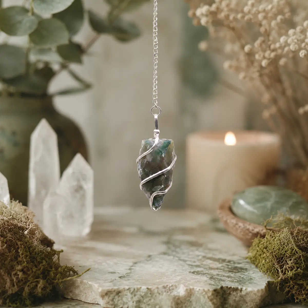 Pendel i rå mossagat med silverfärgad spiral och kedja - produktbild 4