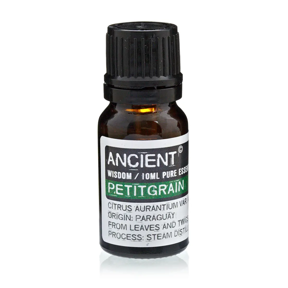 Flaska med petitgrain eterisk olja 10 ml med etikett