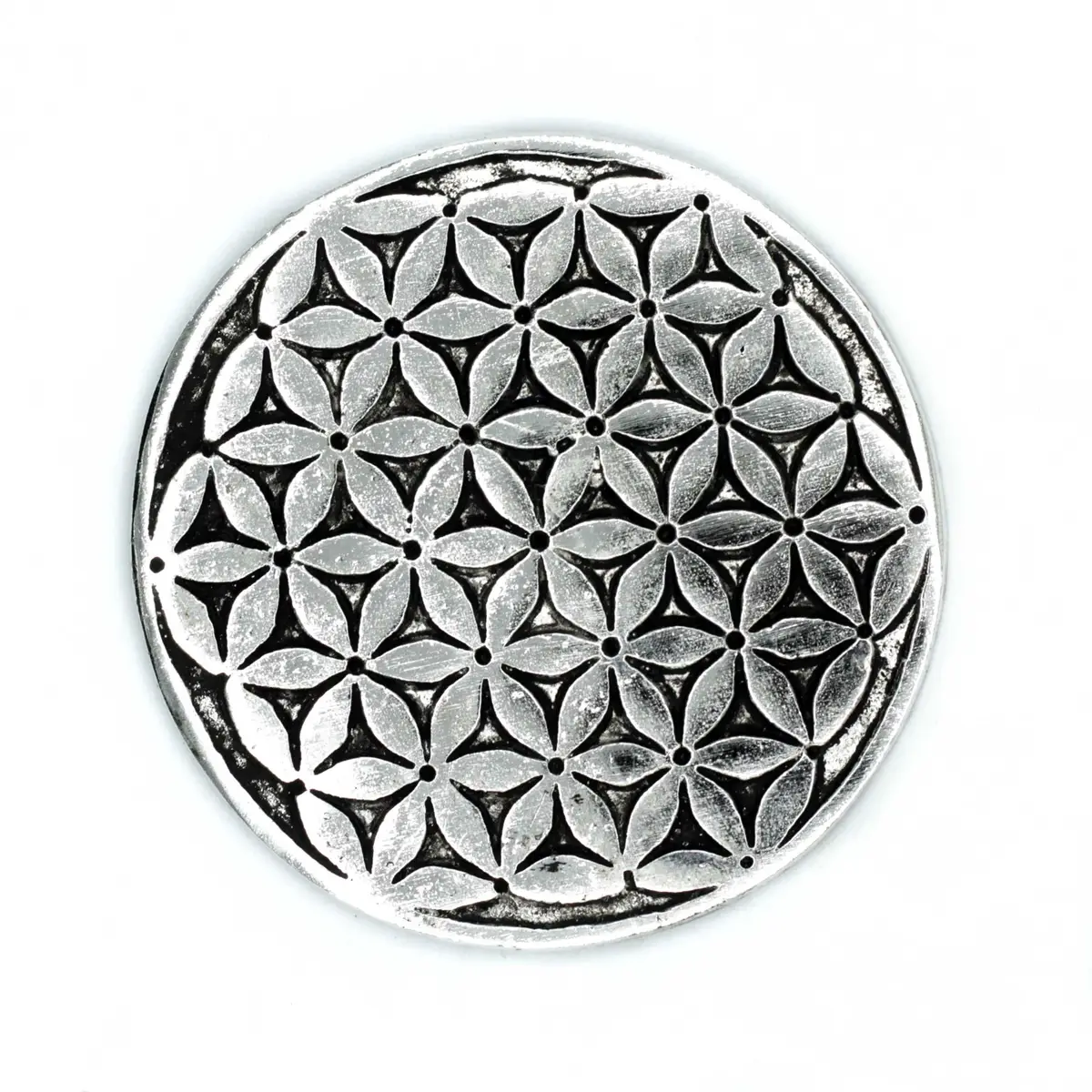 Rund polerad aluminiumrökelsehållare med mönster av Livets blomma