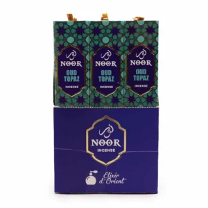 Förpackning med Premium Noor Oud rökelsepinnar Topaz i blå och turkos design