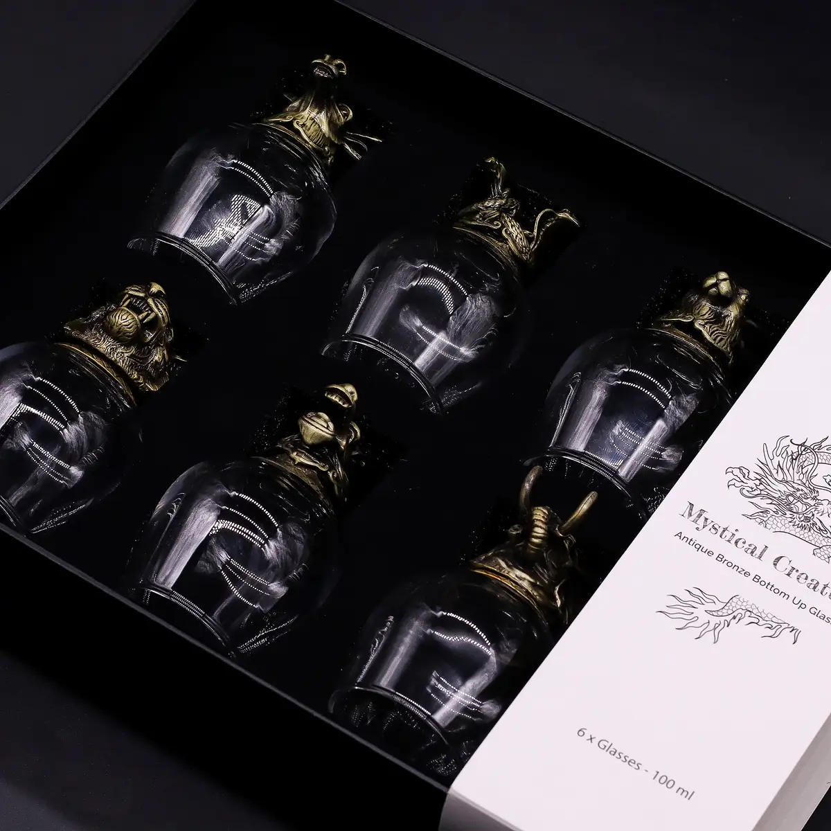 Presentförpackning med 6 snapsglas 100 ml med mystiska varelser i antik brons - produktbild 8