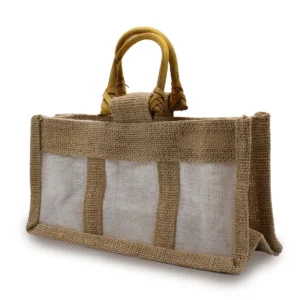 Presentpåse i jute med tre fack och handtag i rund rotting