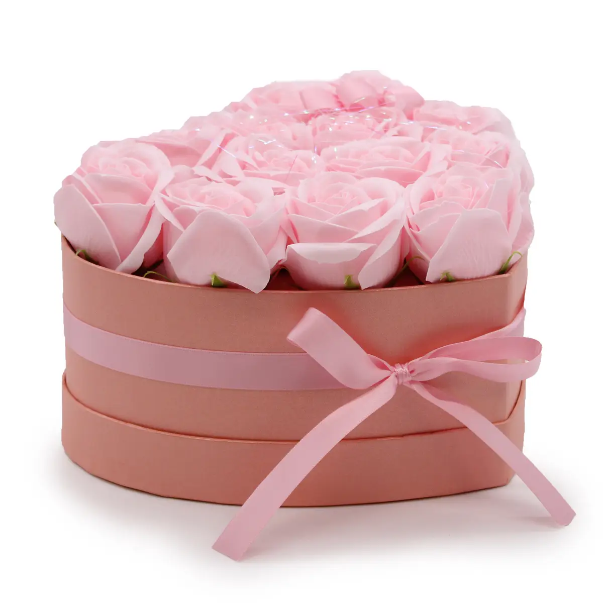 Presenttvålblomsterbukett med 13 rosa rosor i hjärtformad ask - produktbild 2