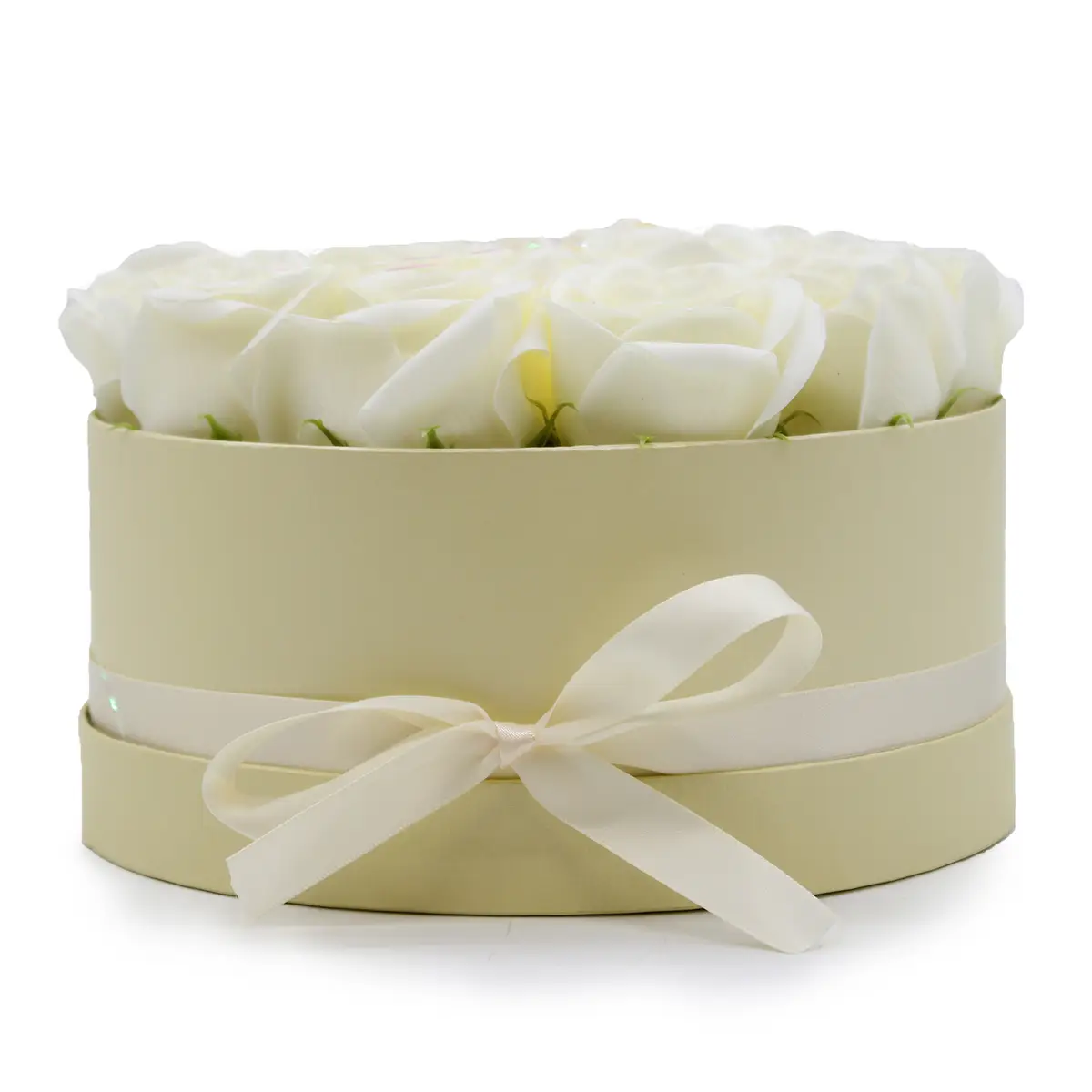 Presenttvålblomsterbukett med 14 krämvita rosor, rund - produktbild 2