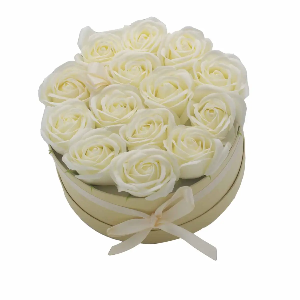 Presenttvålblomsterbukett med 14 krämvita rosor, rund - produktbild 4
