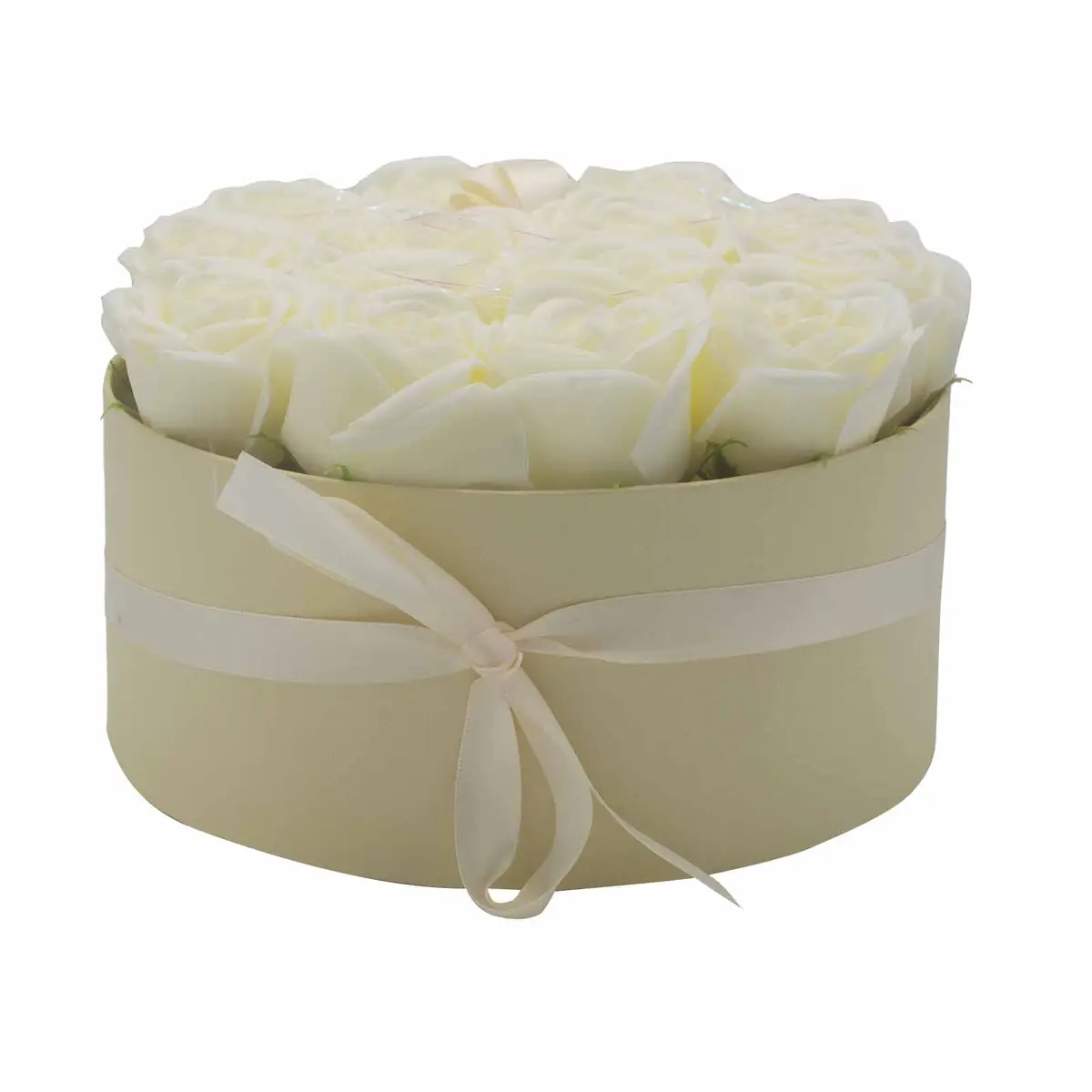 Presenttvålblomsterbukett med 14 krämvita rosor, rund - produktbild 5