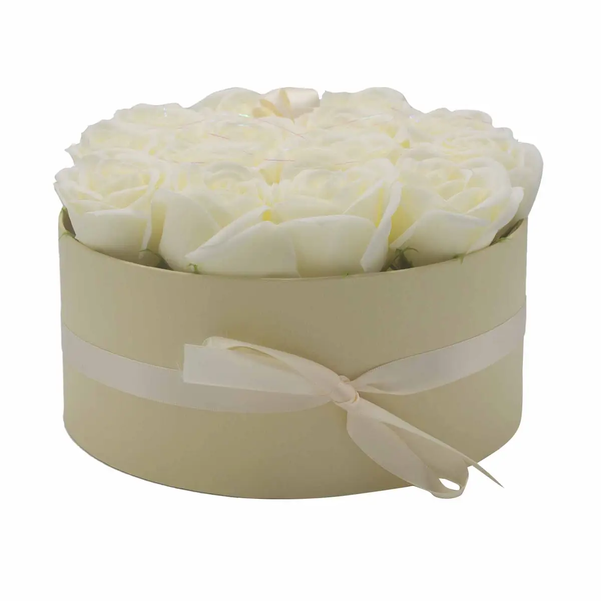 Presenttvålblomsterbukett med 14 krämvita rosor, rund - produktbild 7