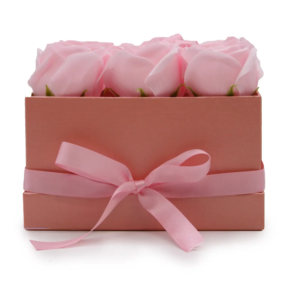 Presenttvålblomsterbukett med 9 rosa rosor i fyrkantig ask - produktbild 2