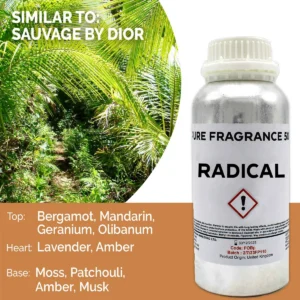 Flaska med Radical ren doftolja 500 ml och grönskande tropisk bakgrund