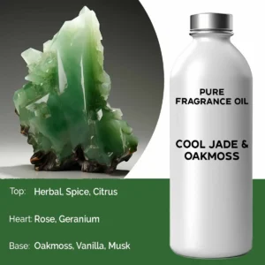 Flaska med ren doftolja Cool Jade & Ekmossa och en grön jade-mineral