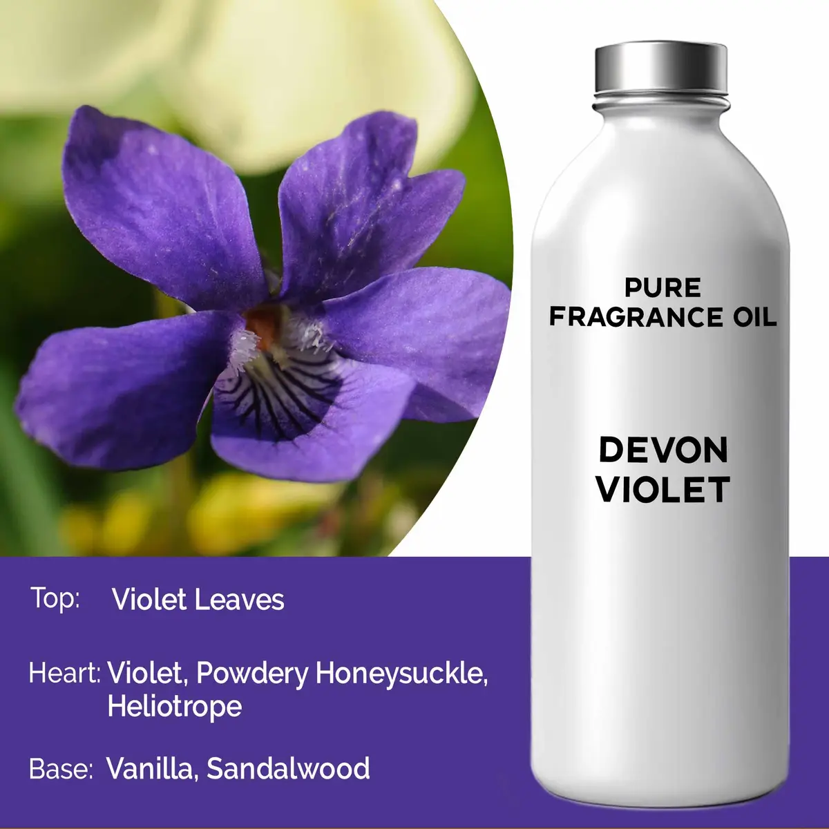 Flaska med ren doftolja Devon Violet och närbild på violblomma