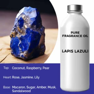 Flaska med ren doftolja Lapis Lazuli och en blå mineralsten