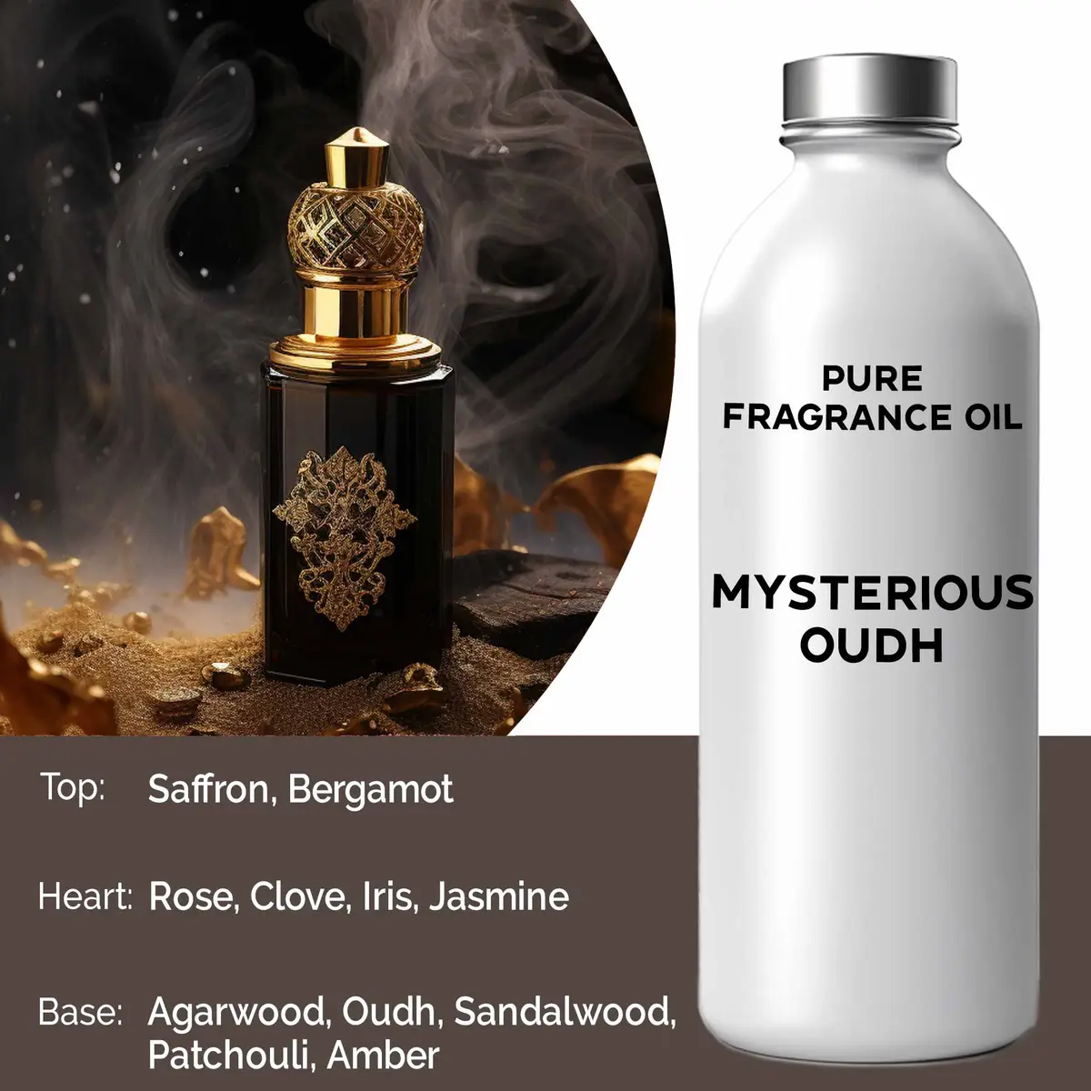 Flaska med ren doftolja Mysterious Oudh och doftnoter listade