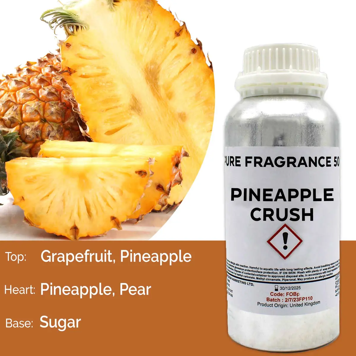 Flaska med ren doftolja Ananas Crush 500 ml bredvid skivad ananas