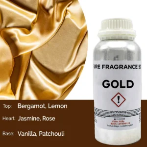 Flaska med ren doftolja Gold 500 ml och guldskimrande tyg