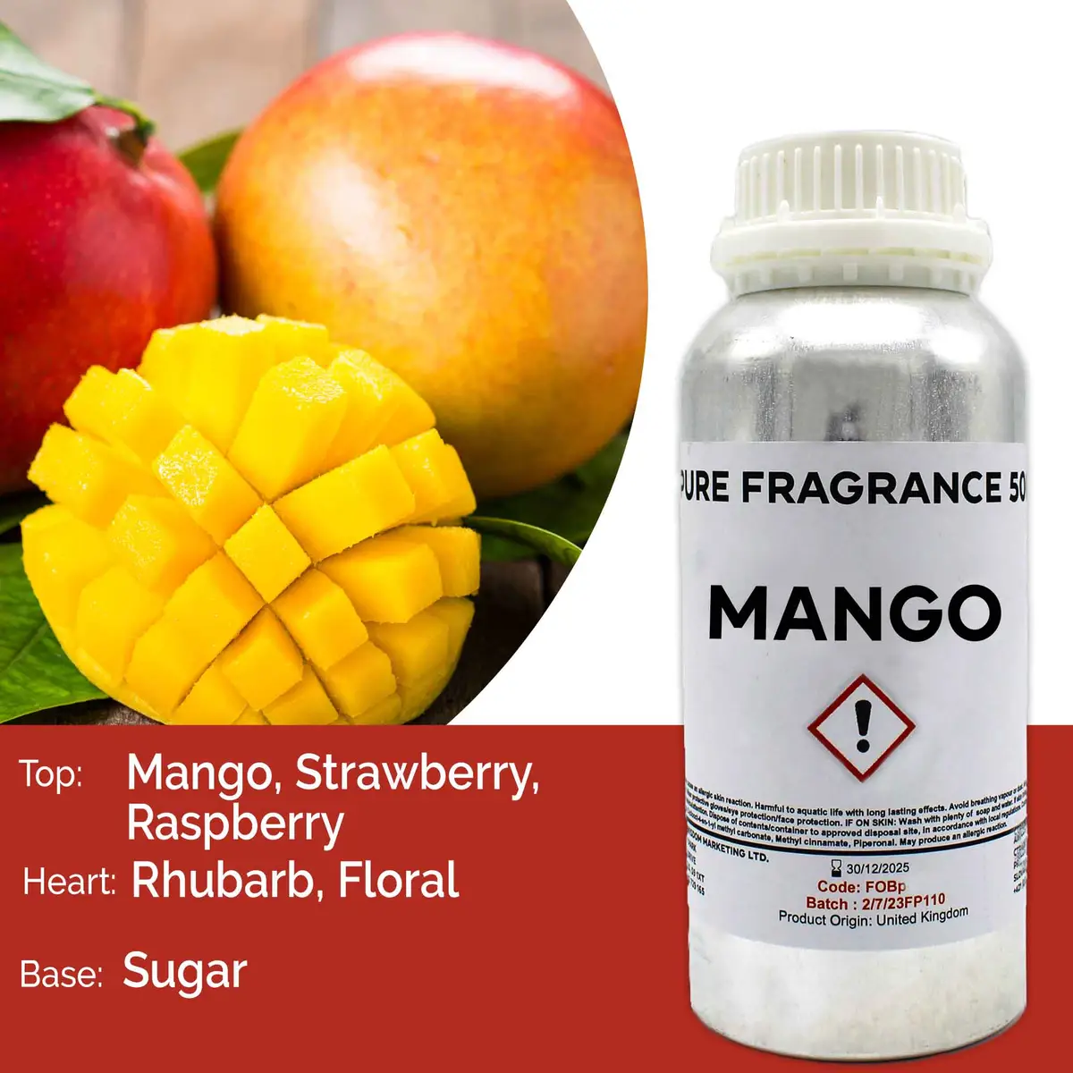 Flaska med ren doftolja mango 500 ml och mango frukt i bakgrunden