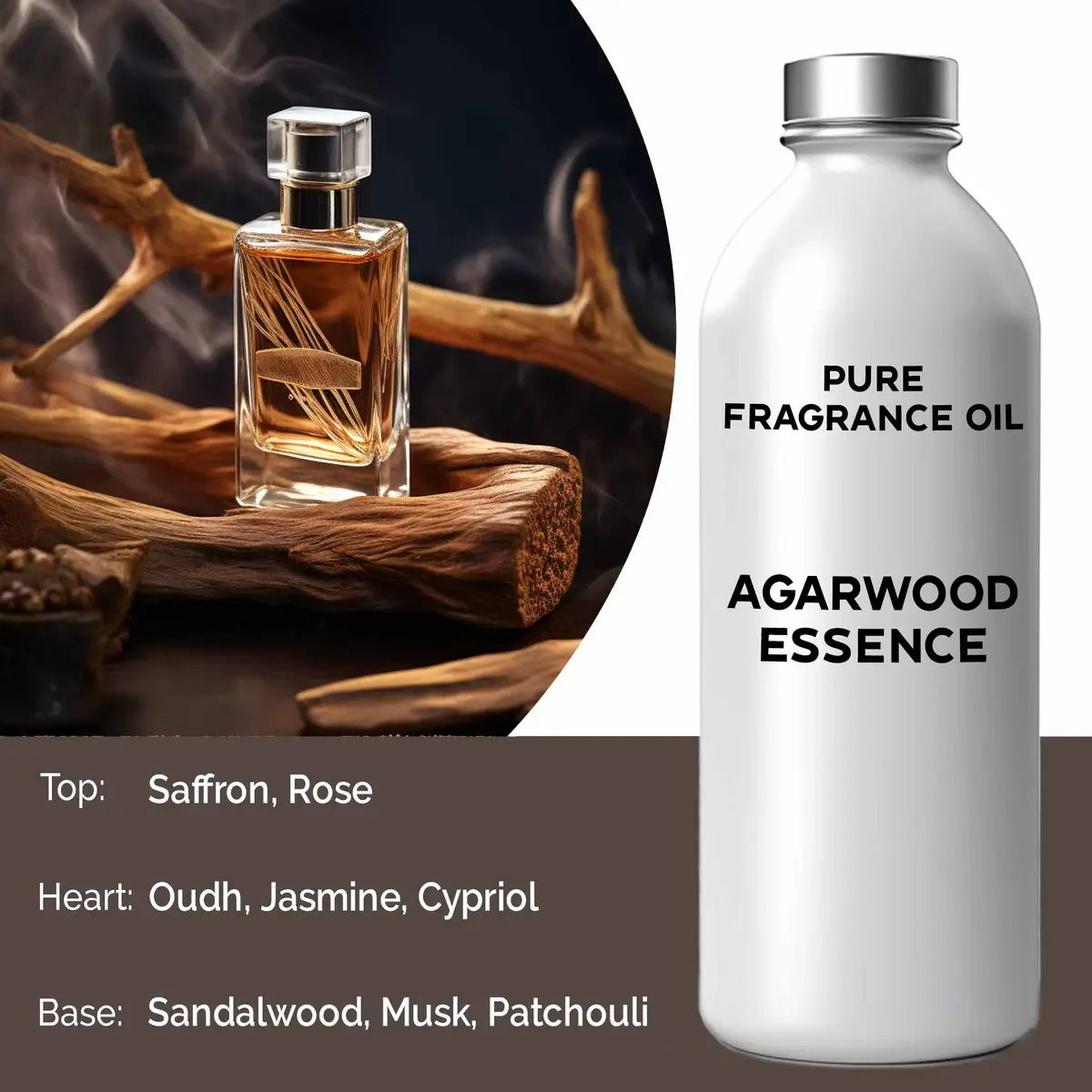 Flaska med ren doftolja Agarwood Essence och parfymflaska på träbakgrund