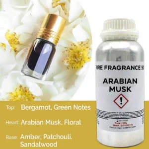 Flaska med ren doftolja Arabian Musk och mindre glasflaska med guldlock på blomsterbakgrund