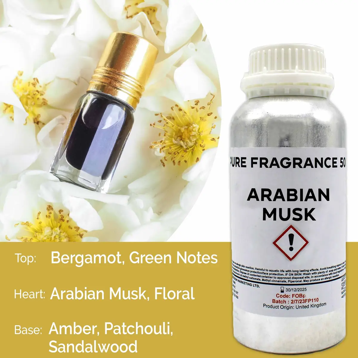 Flaska med ren doftolja Arabian Musk och mindre glasflaska med guldlock på blomsterbakgrund