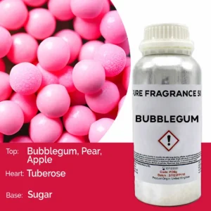Flaska med ren doftolja Bubble Gum 500 ml och rosa tuggummibollar