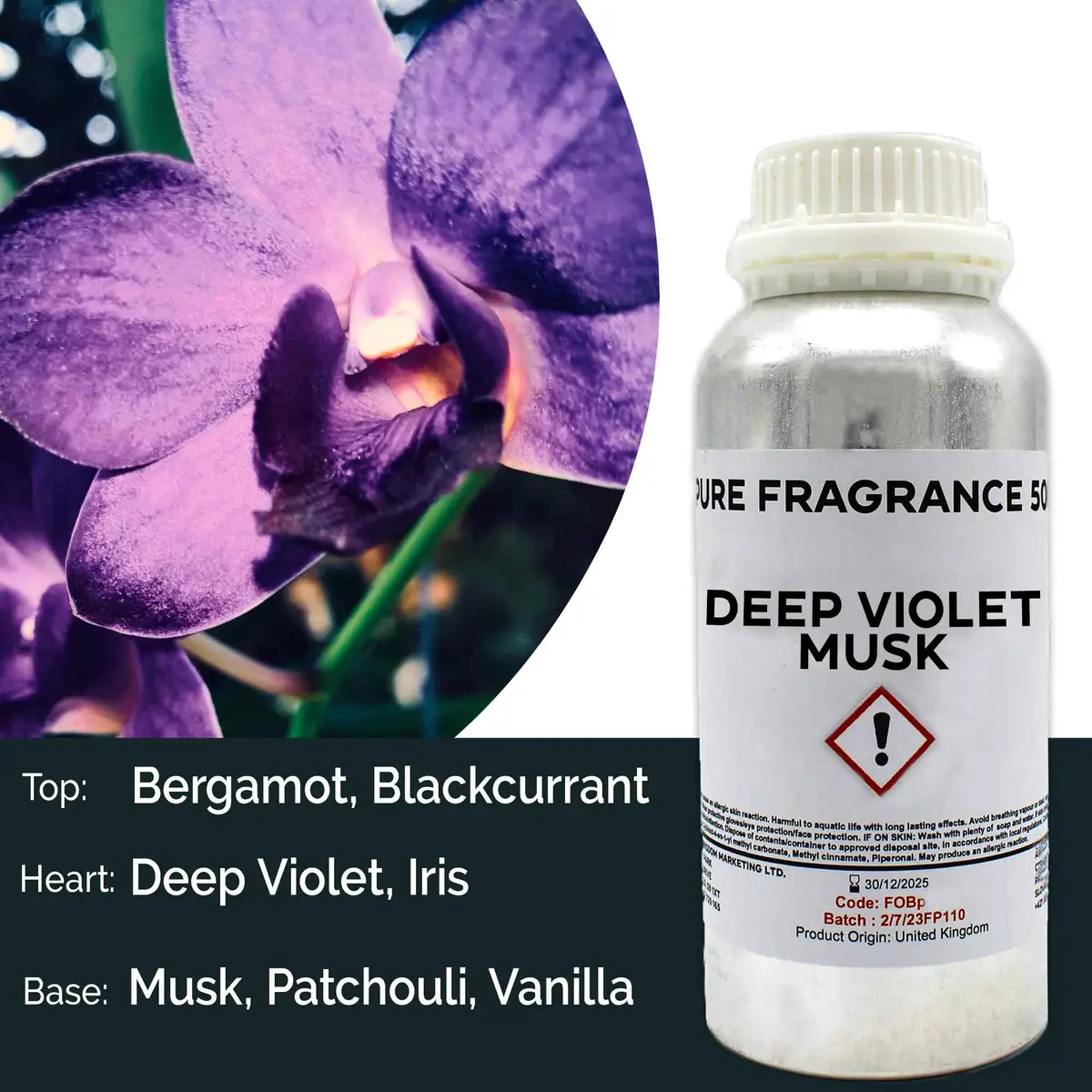 Flaska med ren doftolja Deep Violet Musk 500 ml och närbild på violett blomma