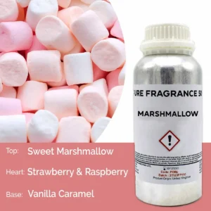 Flaska med ren doftolja Marshmallow 500 ml och marshmallows i bakgrunden
