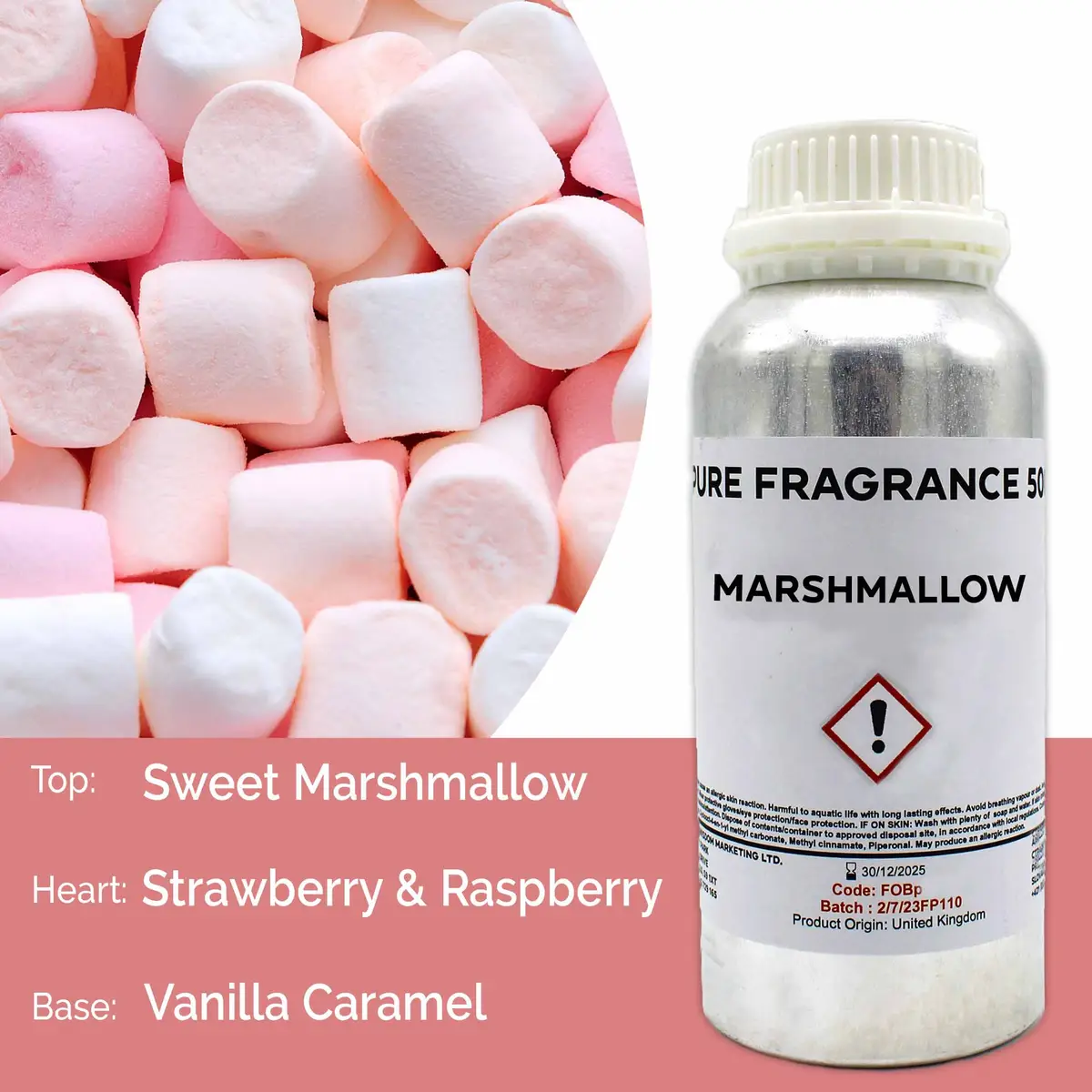 Flaska med ren doftolja Marshmallow 500 ml och marshmallows i bakgrunden