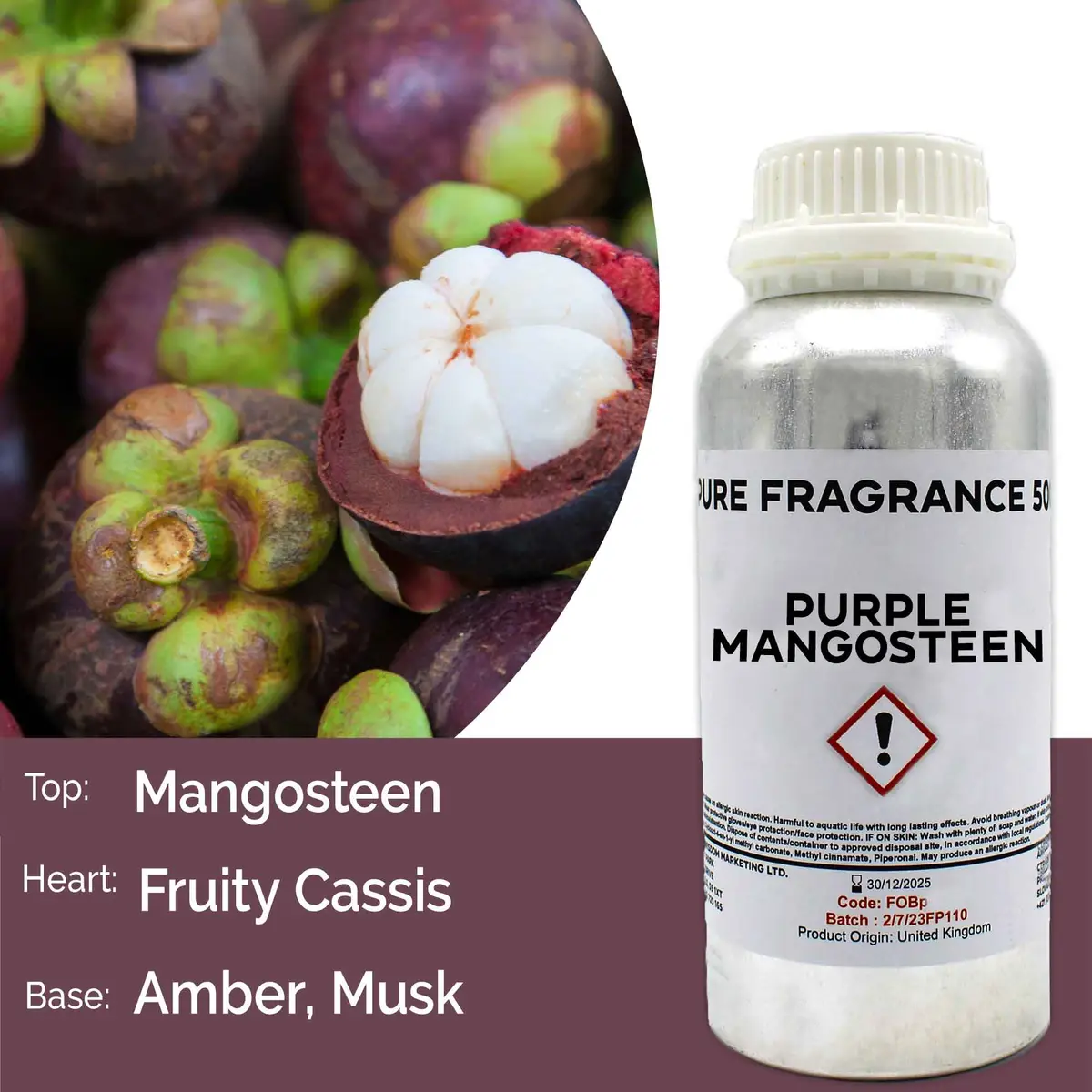 Flaska med ren doftolja Purple Mangosteen 500 ml och mangosteenfrukt
