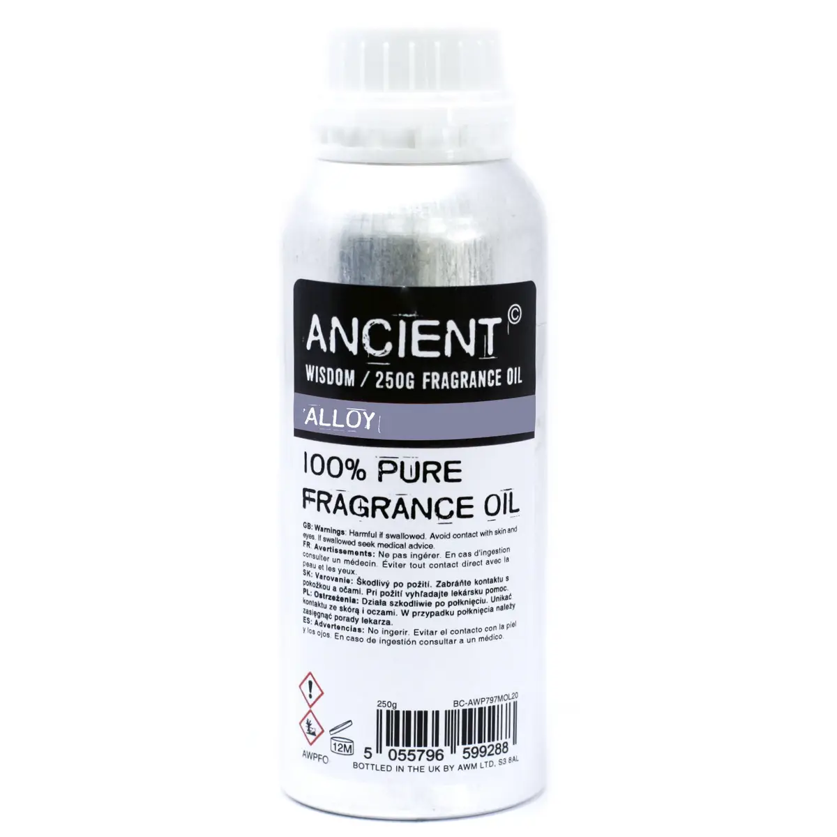 Aluminiumflaska med 250 g ren doftolja märkt Ancient Alloy