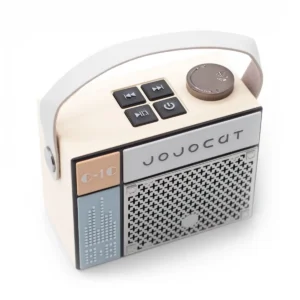 Retro Bluetooth-högtalare Jojocut C10 i beige med bärhandtag och knappar på toppen