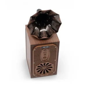 Retro Bluetooth-högtalare med träfinish och dekorativt grammofonhorn