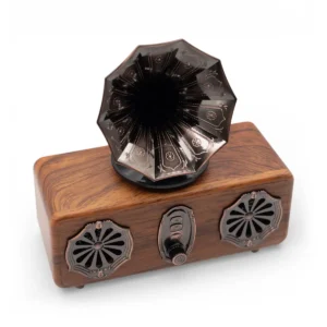 Retro minigrammofonhögtalare med träimitation och dubbla metallhorn