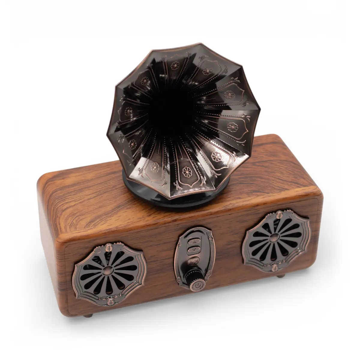 Retro minigrammofonhögtalare med träimitation och dubbla metallhorn