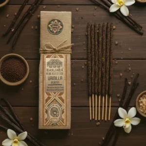 Förpackning och ritualhartspinnar med vaniljdoft på träbord med vaniljblommor och kryddor