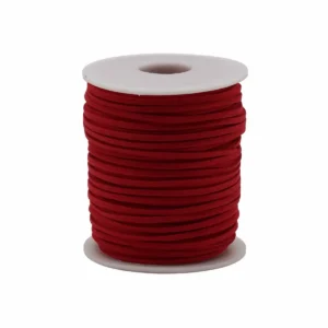 Röd konstmocka halsbandsband på vit plastspole
