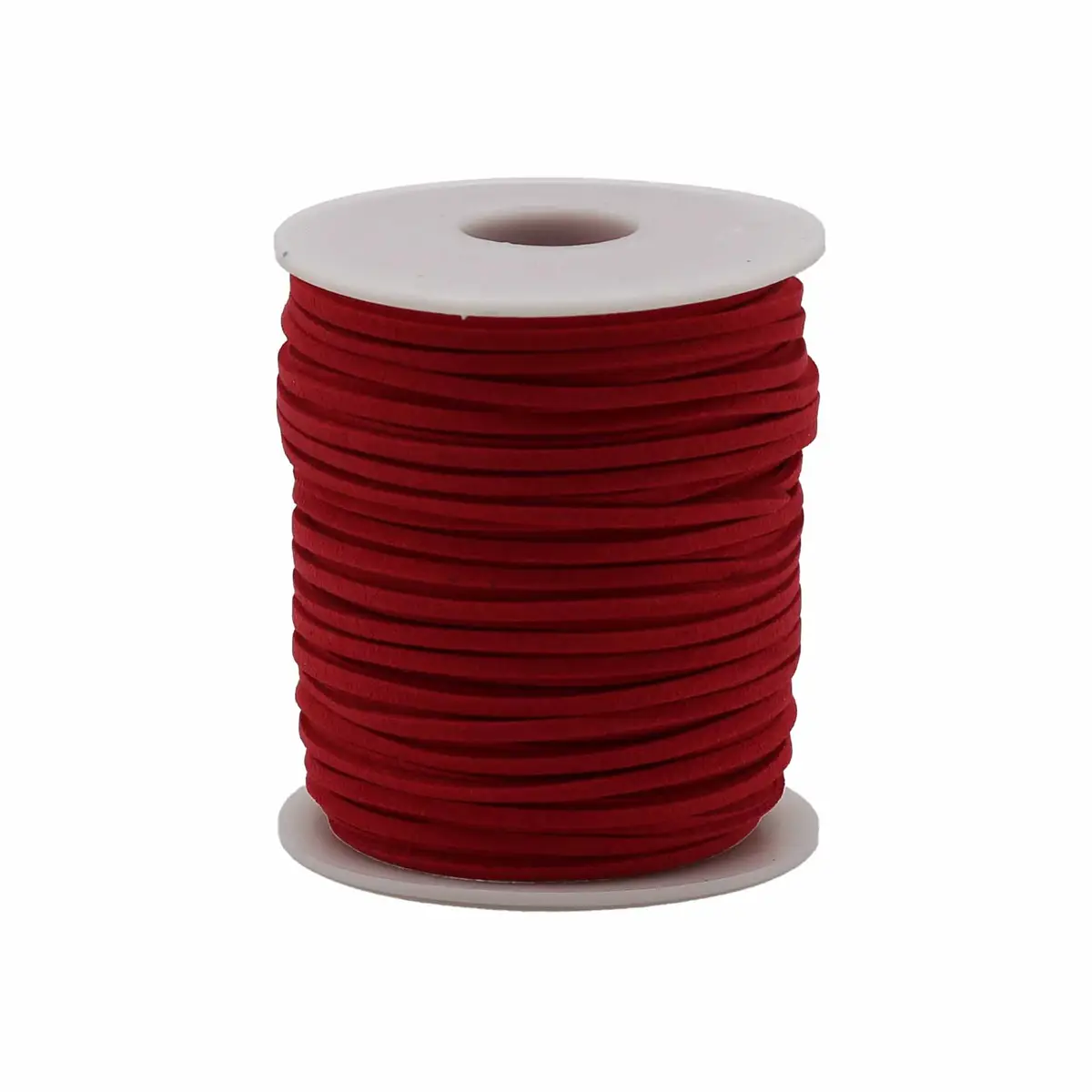 Röd konstmocka halsbandsband på vit plastspole