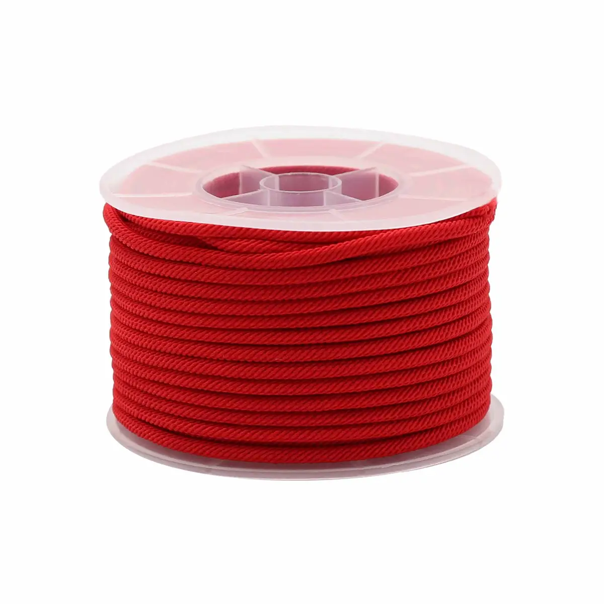Röd snöre på plastspole rullad i flera lager