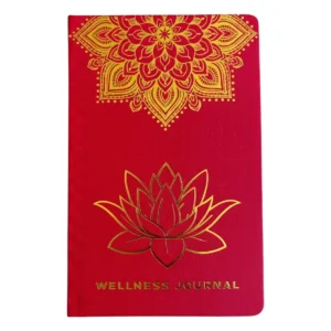 Röd wellnessjournal med guldfärgad mandala och lotus på omslaget