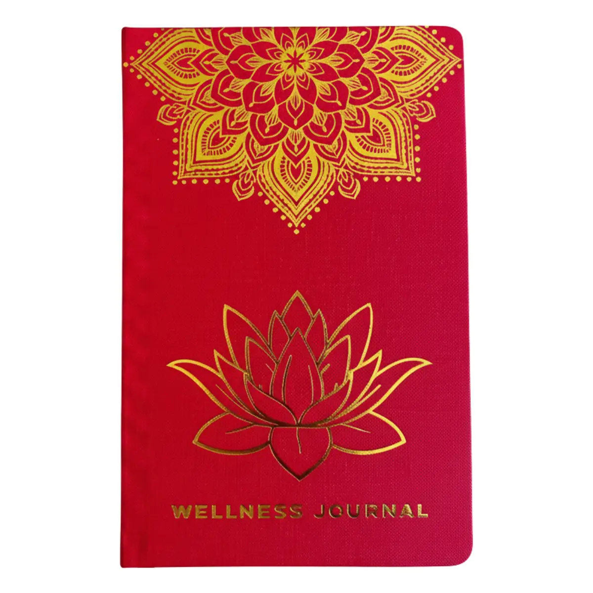Röd wellnessjournal med guldfärgad mandala och lotus på omslaget