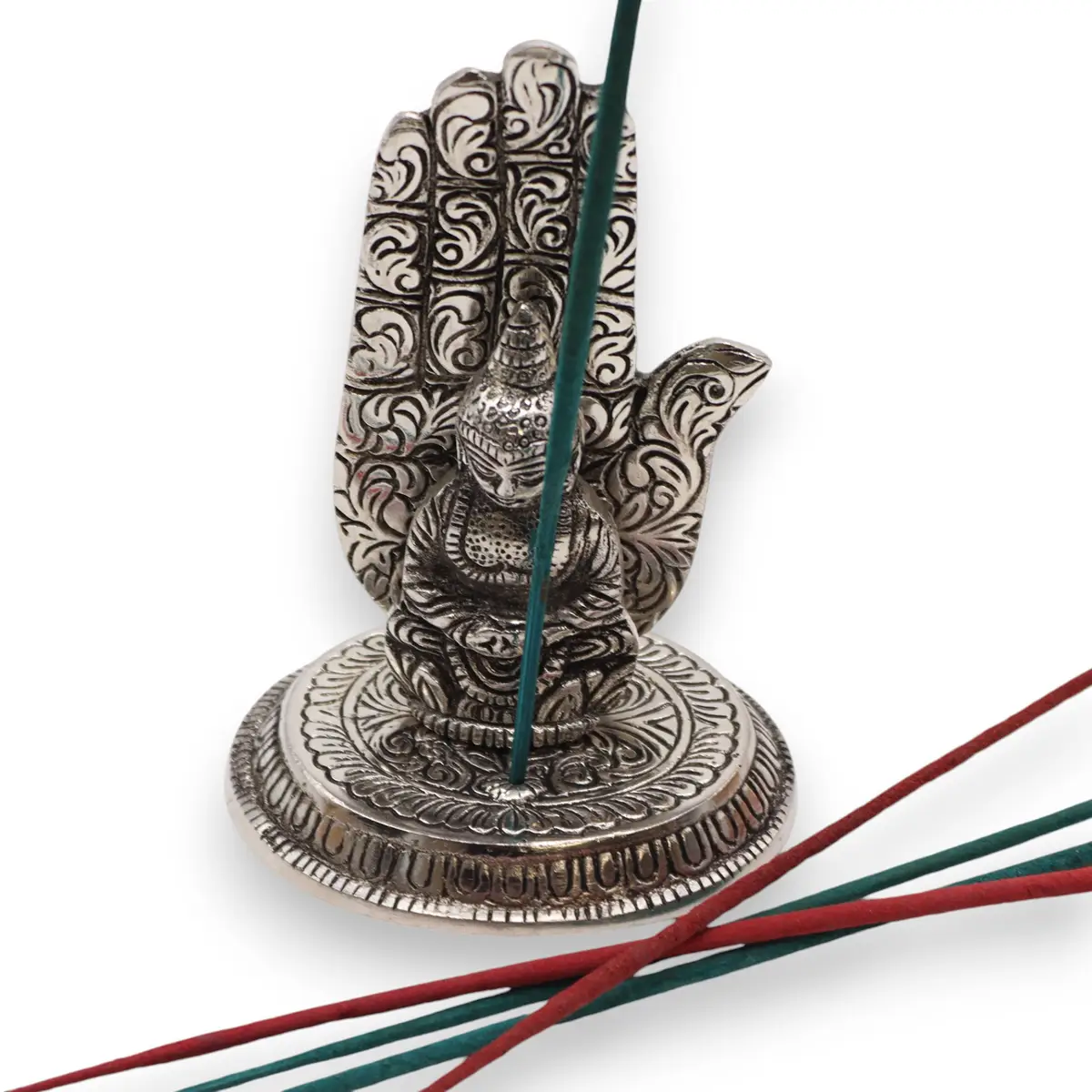 Rökelsehållare i aluminium med Buddha-hand 13x9 cm - produktbild 2