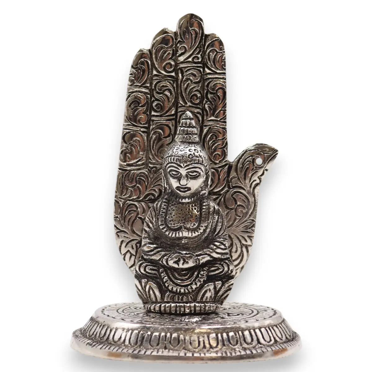 Rökelsehållare i aluminium med detaljerad Buddha-hand och sittande Buddhafigur