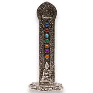 Aluminium rökelsehållare med Buddha och färgglada chakrasymboler