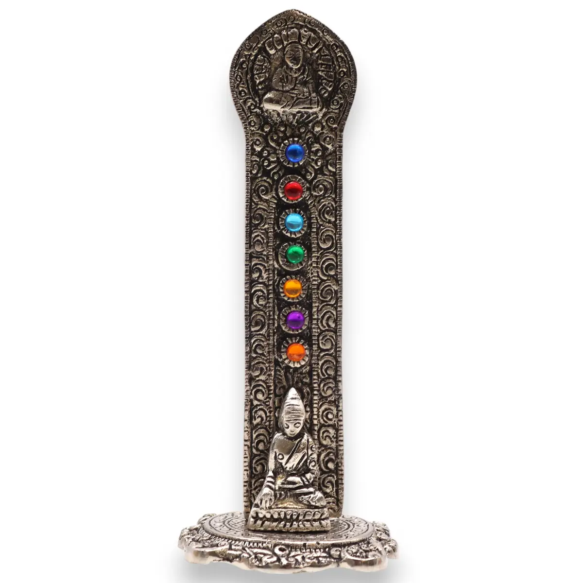 Aluminium rökelsehållare med Buddha och färgglada chakrasymboler