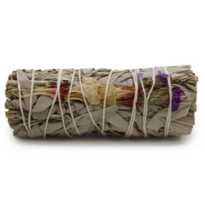 Rökelsesticka med salvia och torkade blommor, bunden med tråd