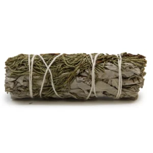 Rökelsesticka med vit salvia och enbär, 10 cm lång, bunden med vitt snöre