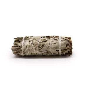 Rökelsesticka med vit salvia och pirulblad på vit bakgrund