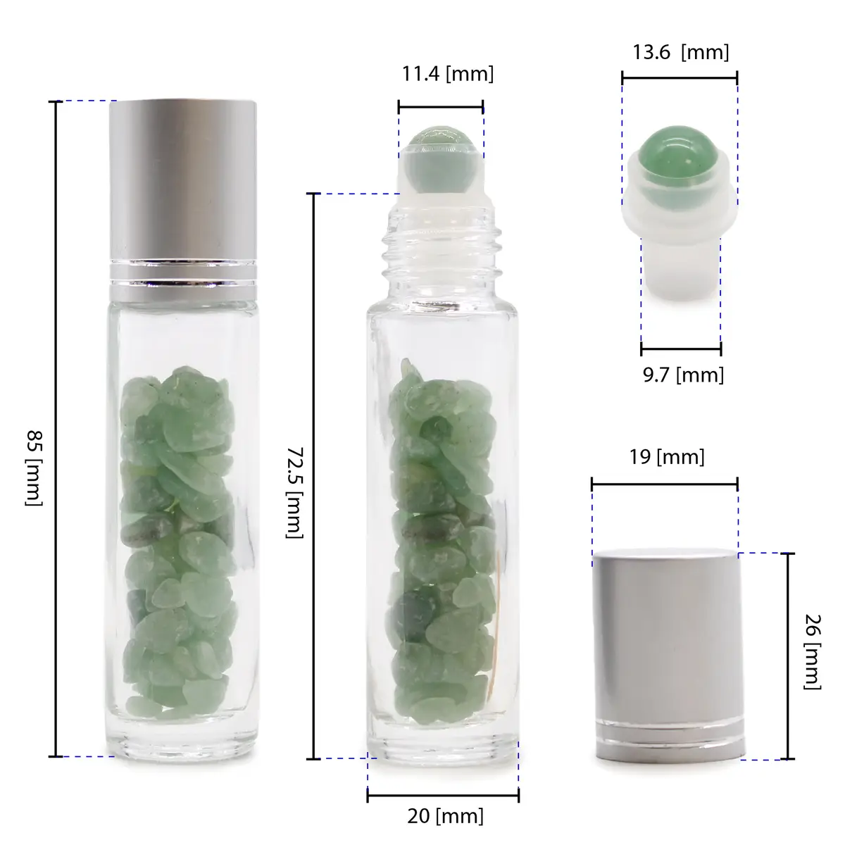Rollerflaska med röd jaspis och silverkapsyl för 5 ml eterisk olja - produktbild 2