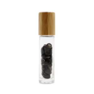 Rollerflaska med svart turmalin och trälock för 5 ml eterisk olja - produktbild 2