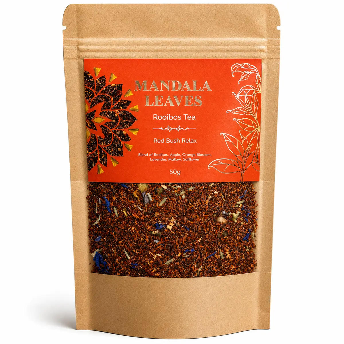 Påse med rooibos-teblandning med lavendel, äpple och apelsin i genomskinlig förpackning