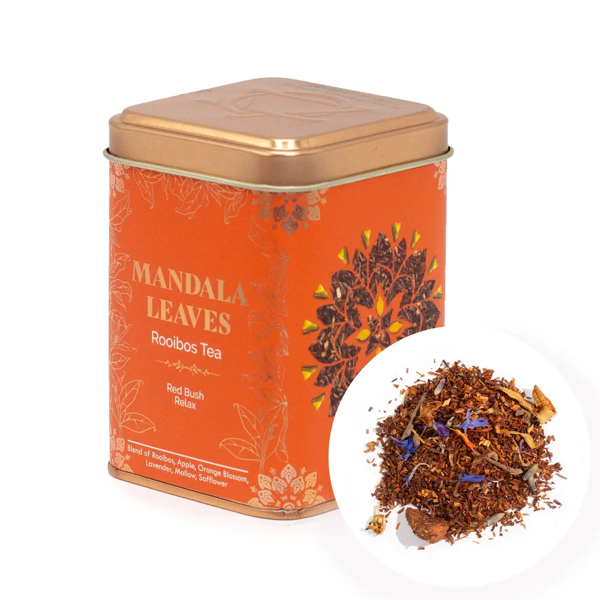 Orange burk med rooibos-te Red Bush Relax och närbild på teblad